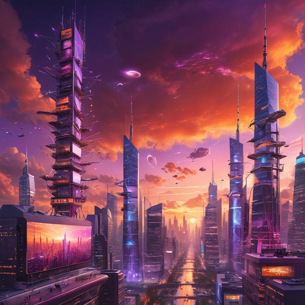 A futuristic city skyline showcasing both 4G and 5G cell towers, interwoven with vibrant digital signals flowing through the air. The scene highlights people using various devices, showcasing seamless connectivity in daily life. Elements of technology evolution, like a timeline of devices from smartphones to smart homes, integrate with the skyline. A dynamic sunset sky enhances the visual, illustrating the transition from past to future. super-realistic. vibrant colors. futuristic style.