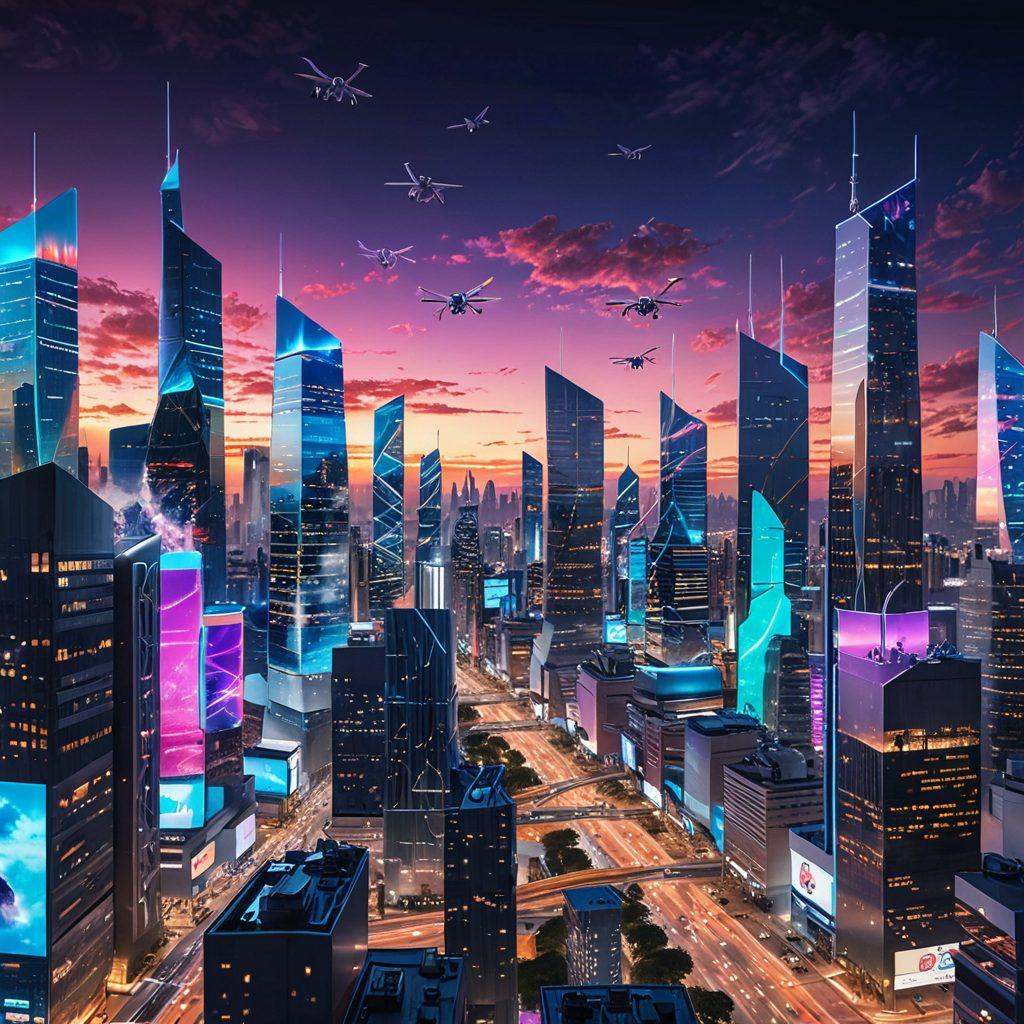 A futuristic city skyline showcasing a network of 5G towers, with people using advanced mobile devices that emit light beams symbolizing connectivity. Surround this vibrant urban scene with holographic interfaces and augmented reality elements, illustrating seamless communication. The sky is a blend of dusk and neon colors, emphasizing a tech-forward atmosphere. Include dynamic elements such as flying drones and smart vehicles on the streets. super-realistic. vibrant colors.